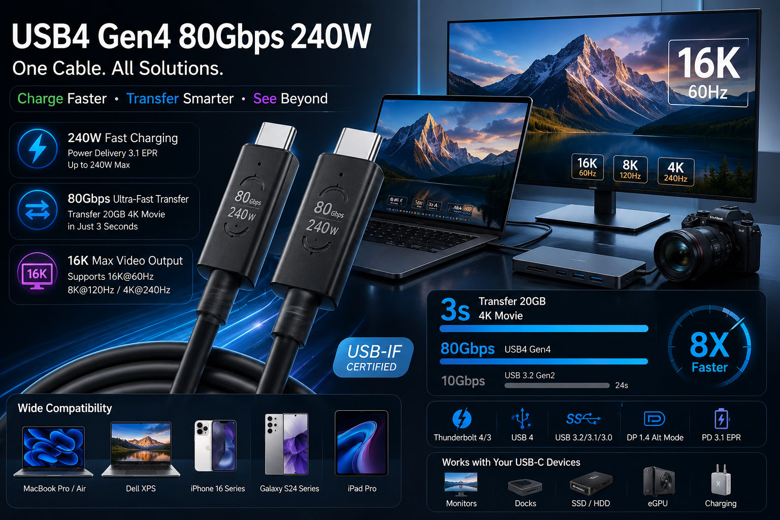G4 USB4 Gen4 240W 80Gbps 高速资料传输充电线 