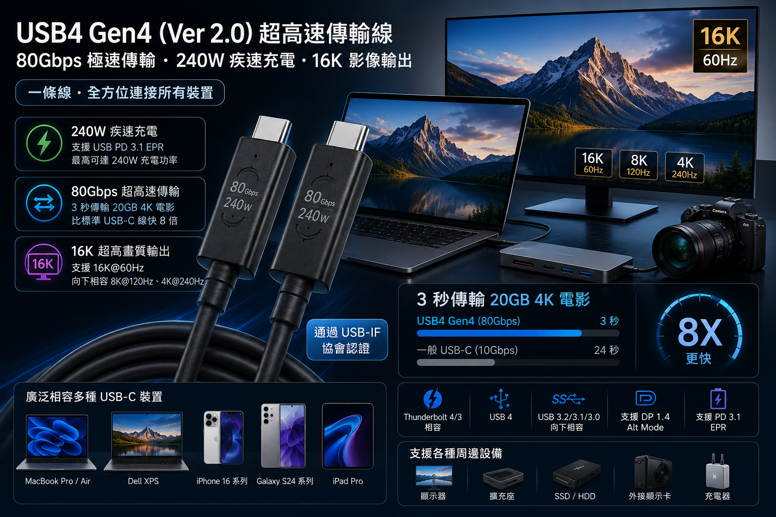 USB4 Gen4 (Ver 2.0) 80Gbps 240W