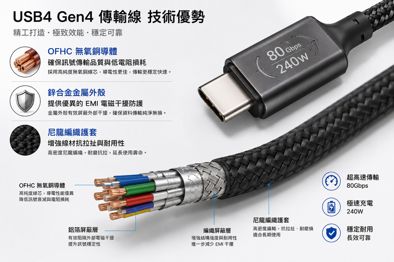 USB4 Gen4 (Ver 2.0) 80Gbps 240W 超高速传输线