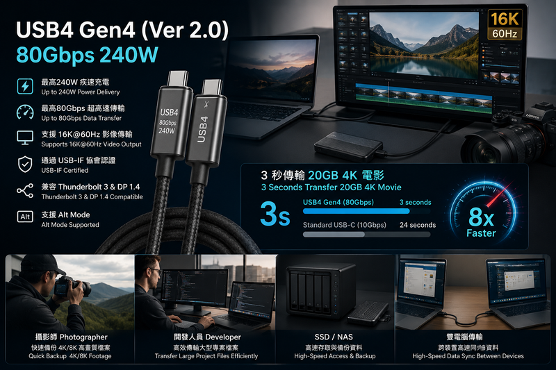 G4 USB4 Gen4 240W 80Gbps 高速资料传输充电线 