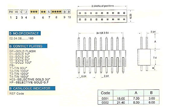 2.54*7.4mm PH01C2系列 排針 / 排母
