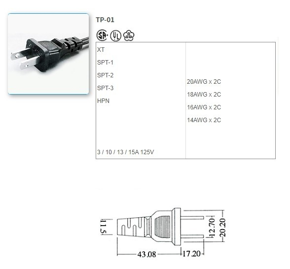 TP-01 UL / CSA標準電源線