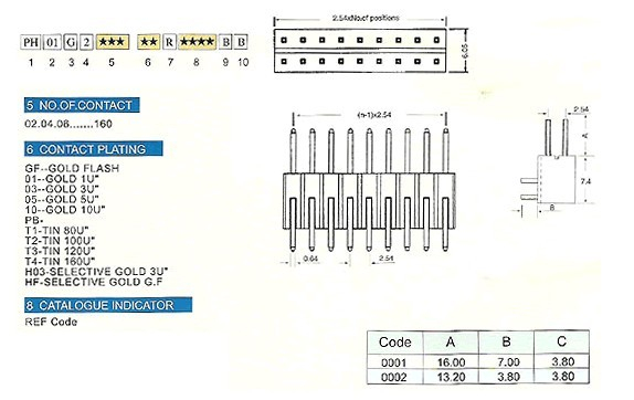 2.54*7.44mm PH01G2系列 排針 / 排母